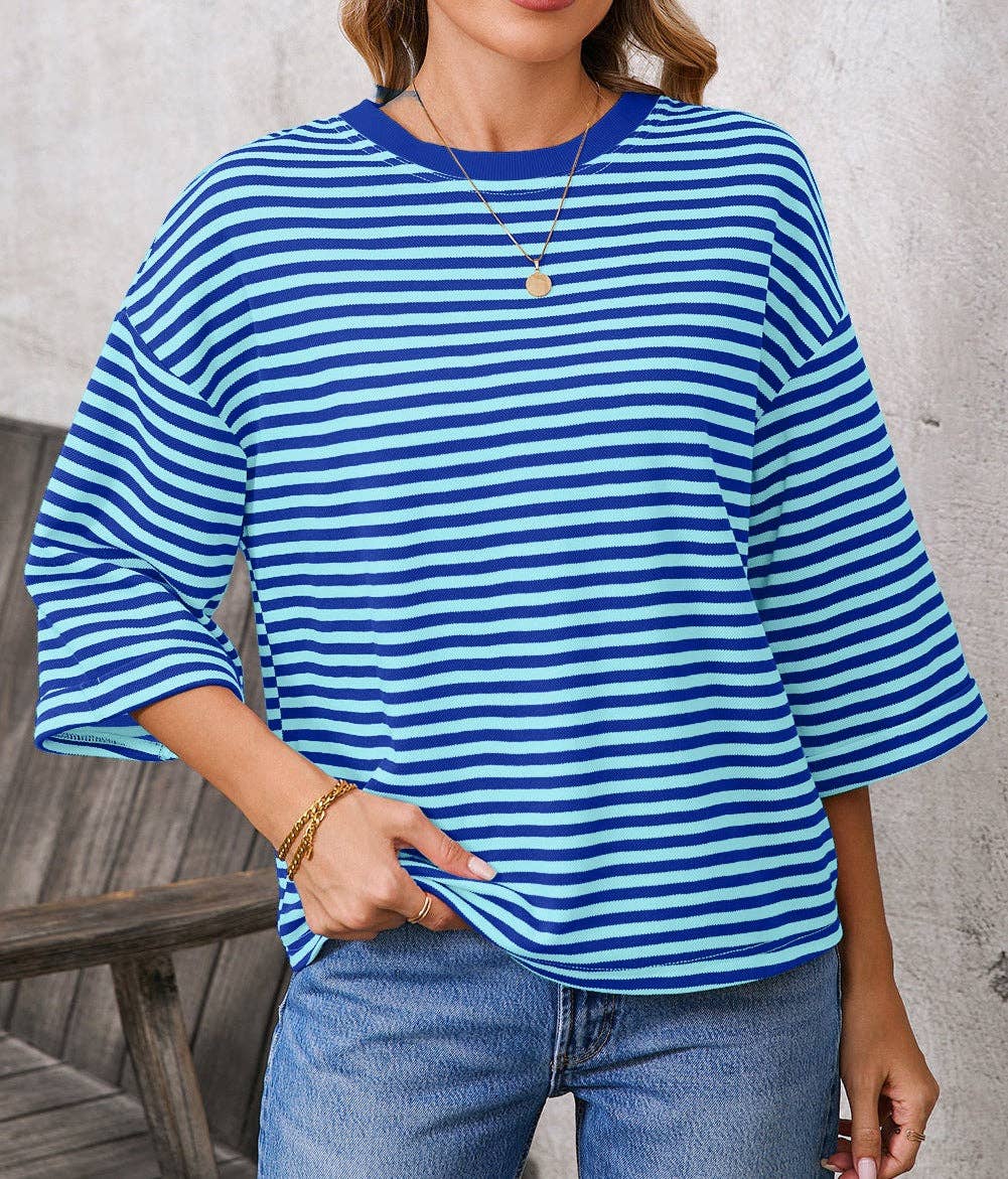 Pink Striped Knit Crew Neck Top with Back Bow Tie Detail: Pink Stripe / 65%Viscose+35%Polyester / M