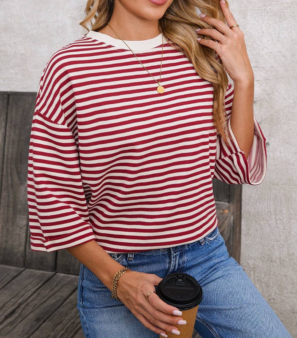 Pink Striped Knit Crew Neck Top with Back Bow Tie Detail: Pink Stripe / 65%Viscose+35%Polyester / L