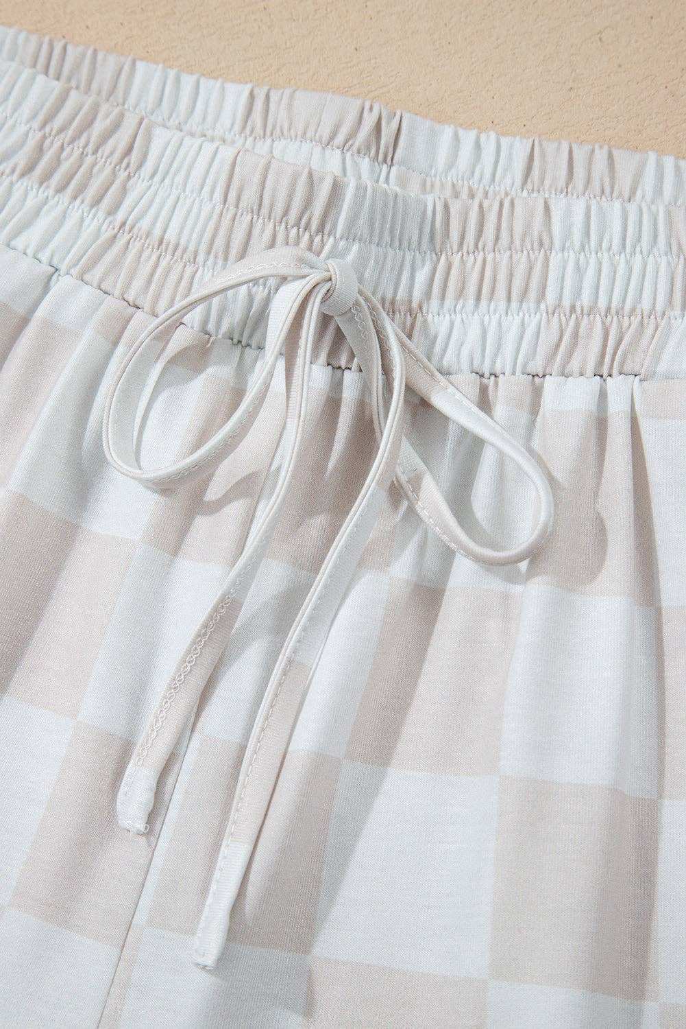 Beige Checkered Lounge Set V Neck Tee Shorts: Beige / 95%Polyester+5%Elastane / L