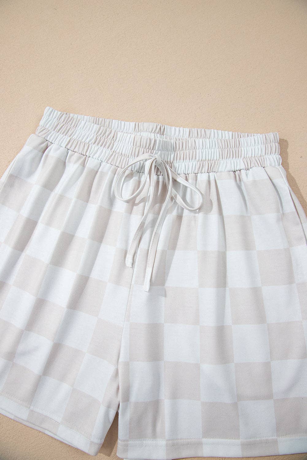 Beige Checkered Lounge Set V Neck Tee Shorts: Beige / 95%Polyester+5%Elastane / XL