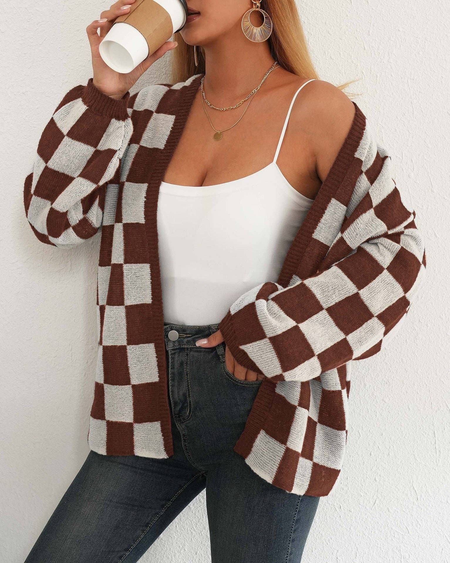 Plaid Colorblock Open Cardigan Sweater | Cozy Casual Layer: Black / XL