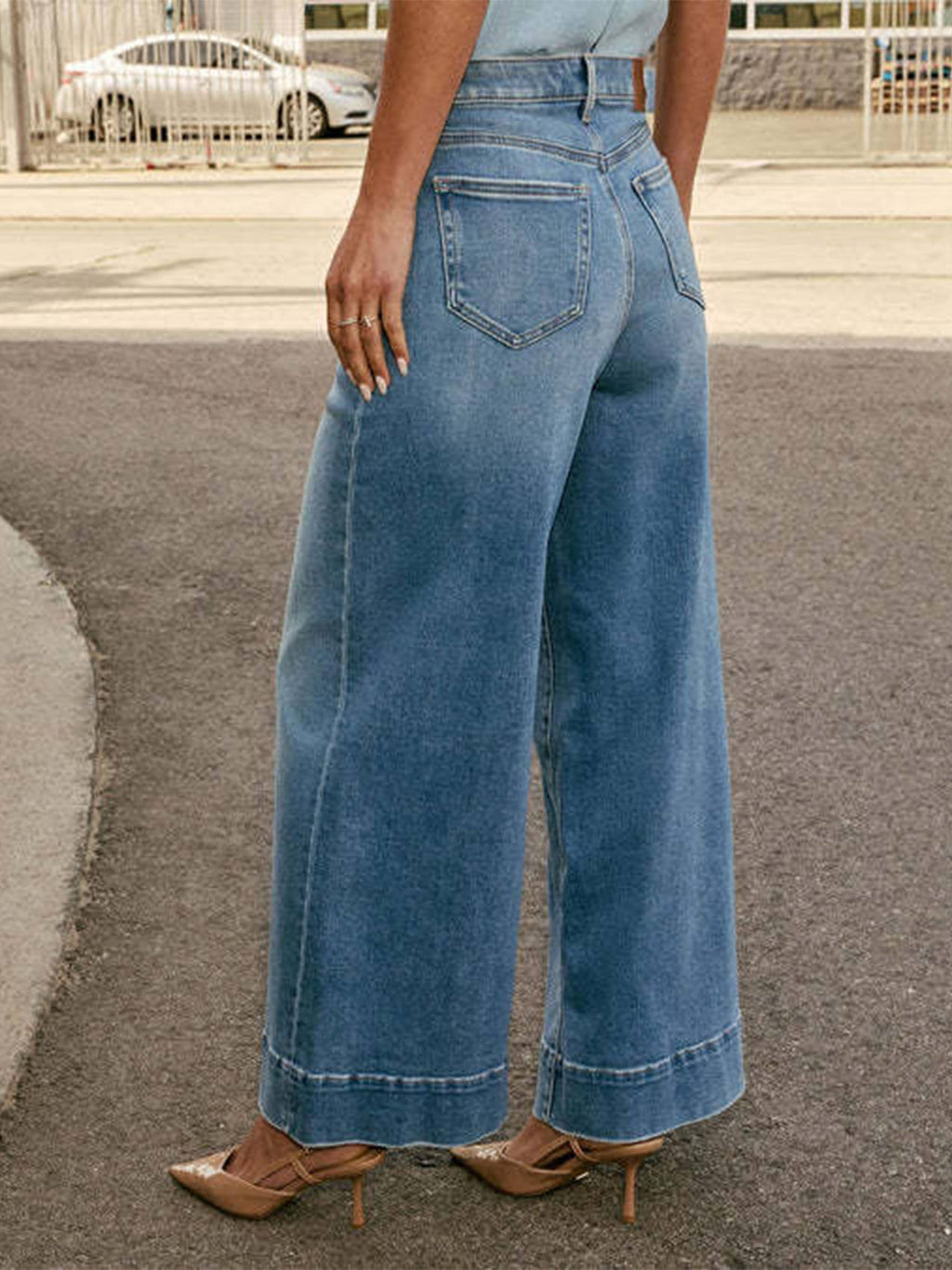 High Waisted Wide Leg Long Pants: Blue / L