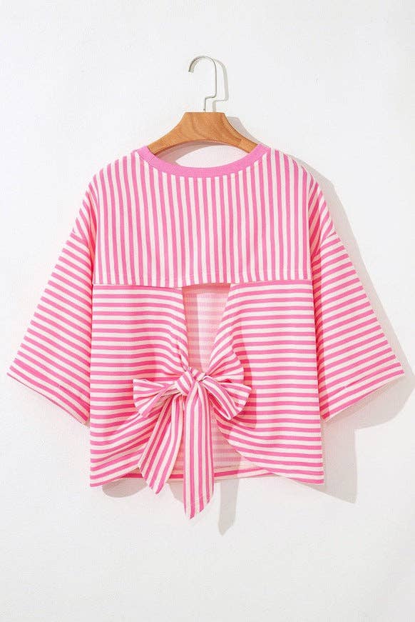 Pink Striped Knit Crew Neck Top with Back Bow Tie Detail: Pink Stripe / 65%Viscose+35%Polyester / L