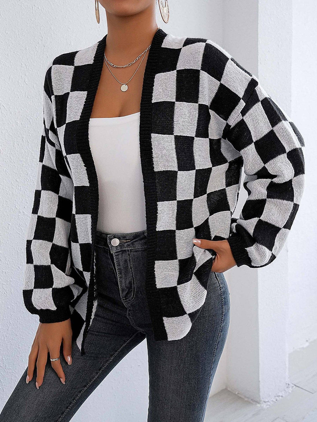 Plaid Colorblock Open Cardigan Sweater | Cozy Casual Layer: Black / XL