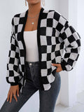 Plaid Colorblock Open Cardigan Sweater | Cozy Casual Layer: Black / XL