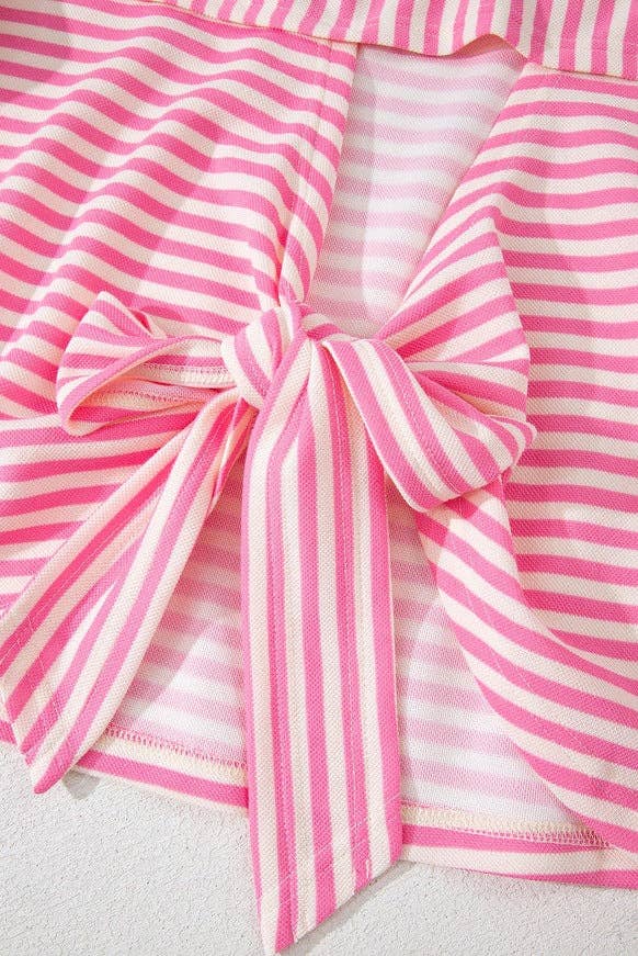 Pink Striped Knit Crew Neck Top with Back Bow Tie Detail: Pink Stripe / 65%Viscose+35%Polyester / L