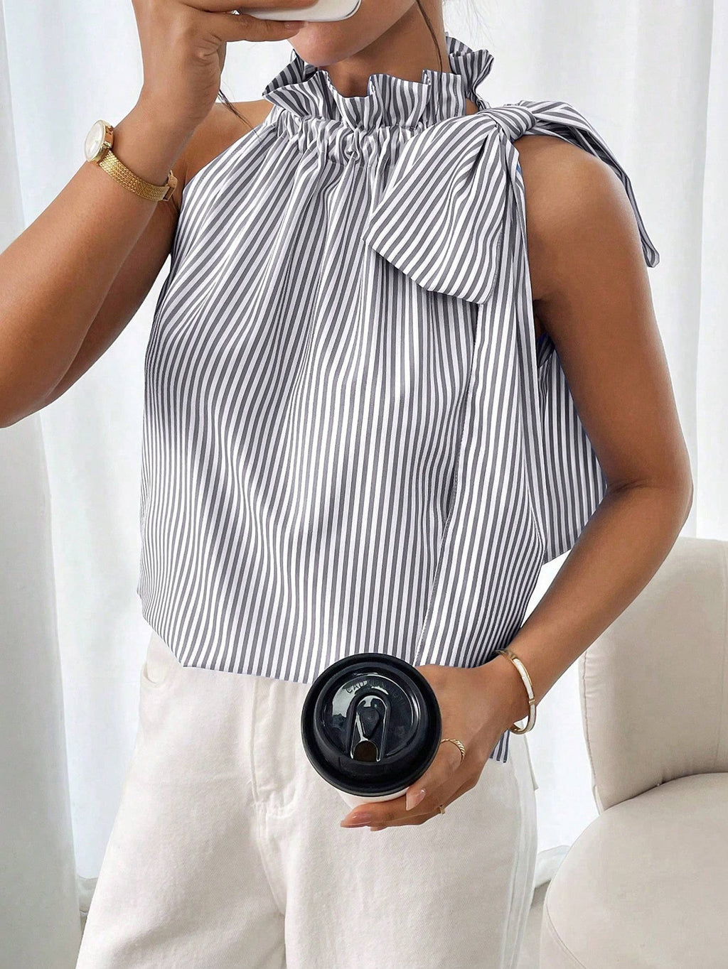 Sleeveless Striped High Neck Knot Sleeveless top: Pink / M