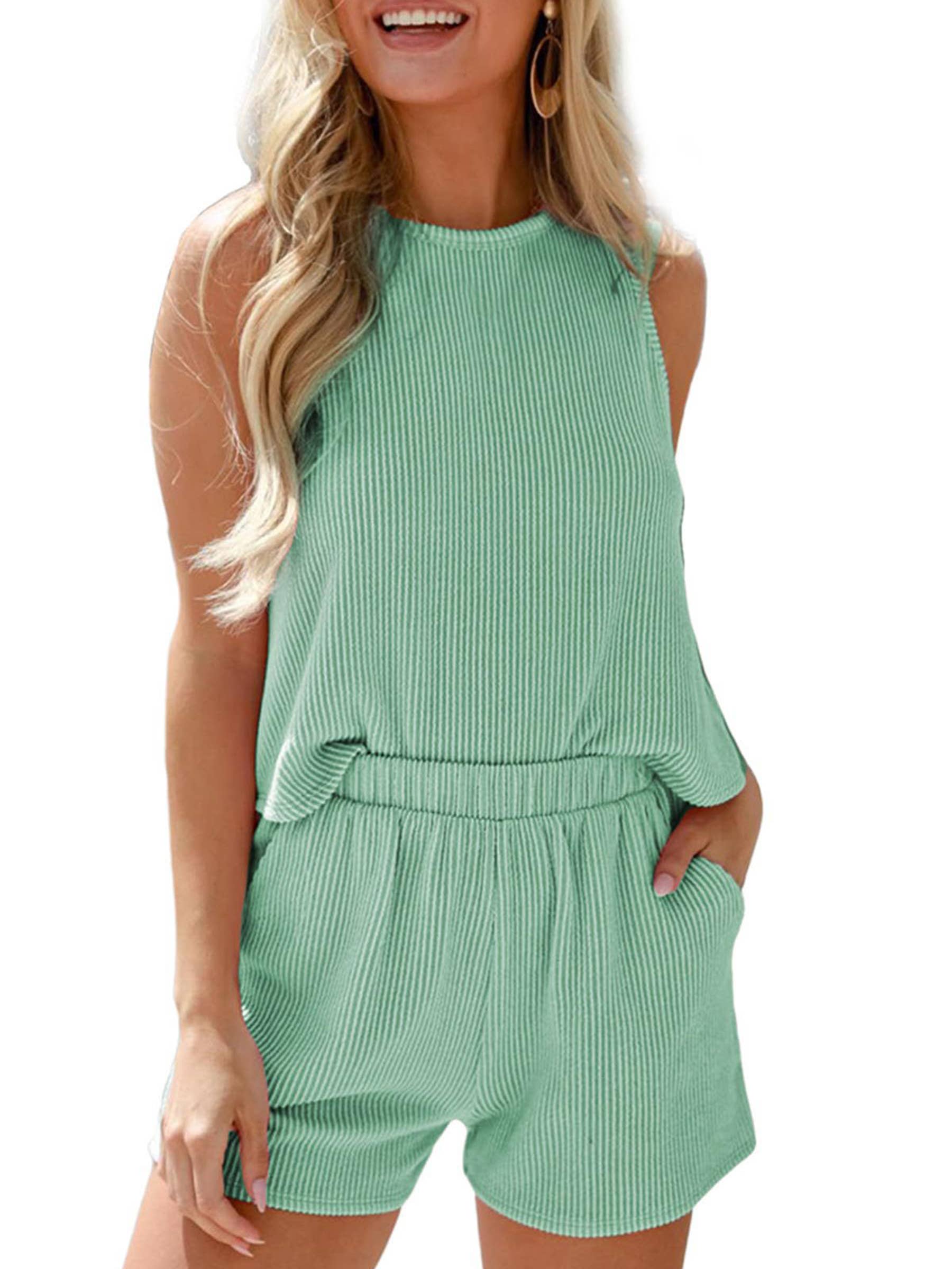 Sleeveless Vest Shorts Striped Two-piece Set: Gray