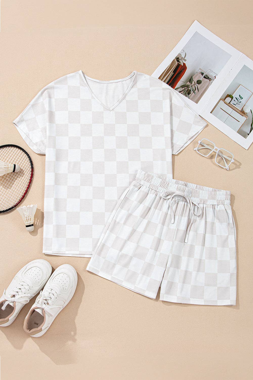 Beige Checkered Lounge Set V Neck Tee Shorts: Beige / 95%Polyester+5%Elastane / M