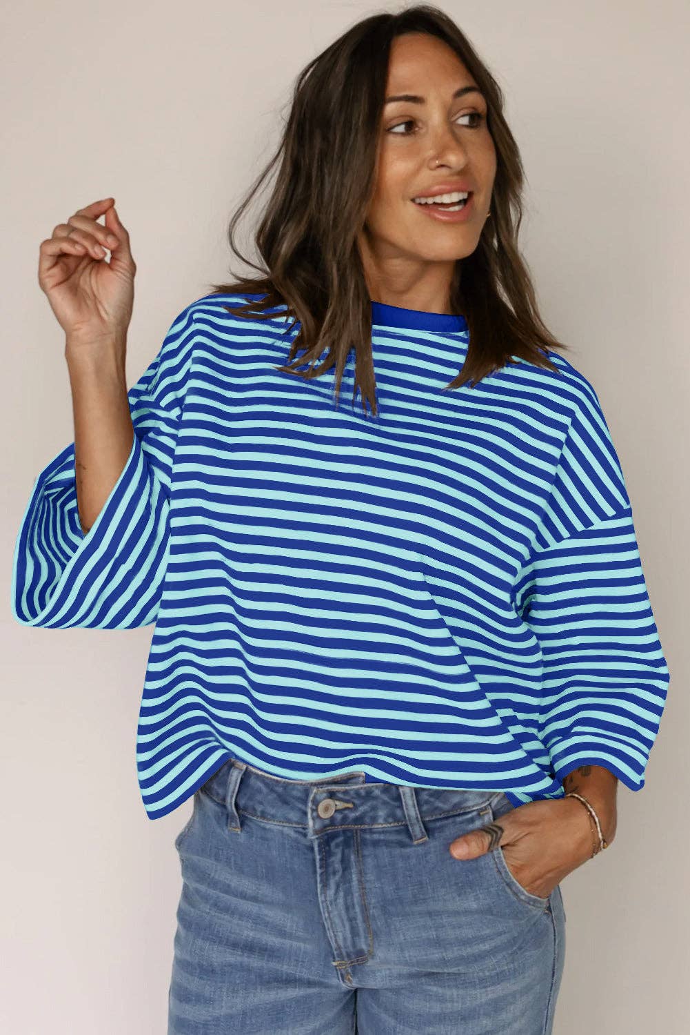 Pink Striped Knit Crew Neck Top with Back Bow Tie Detail: Pink Stripe / 65%Viscose+35%Polyester / M