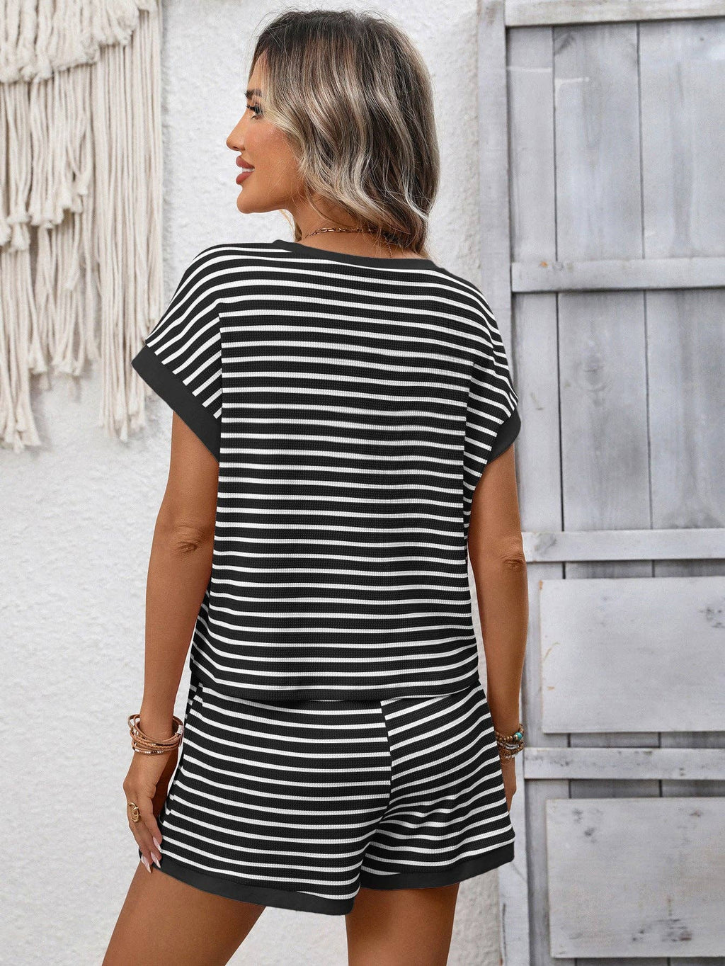 Striped Knit Lounge Set Short Sleeve Top and Shorts: Khaki / 65%Viscose + 35%POLYESTER / XL