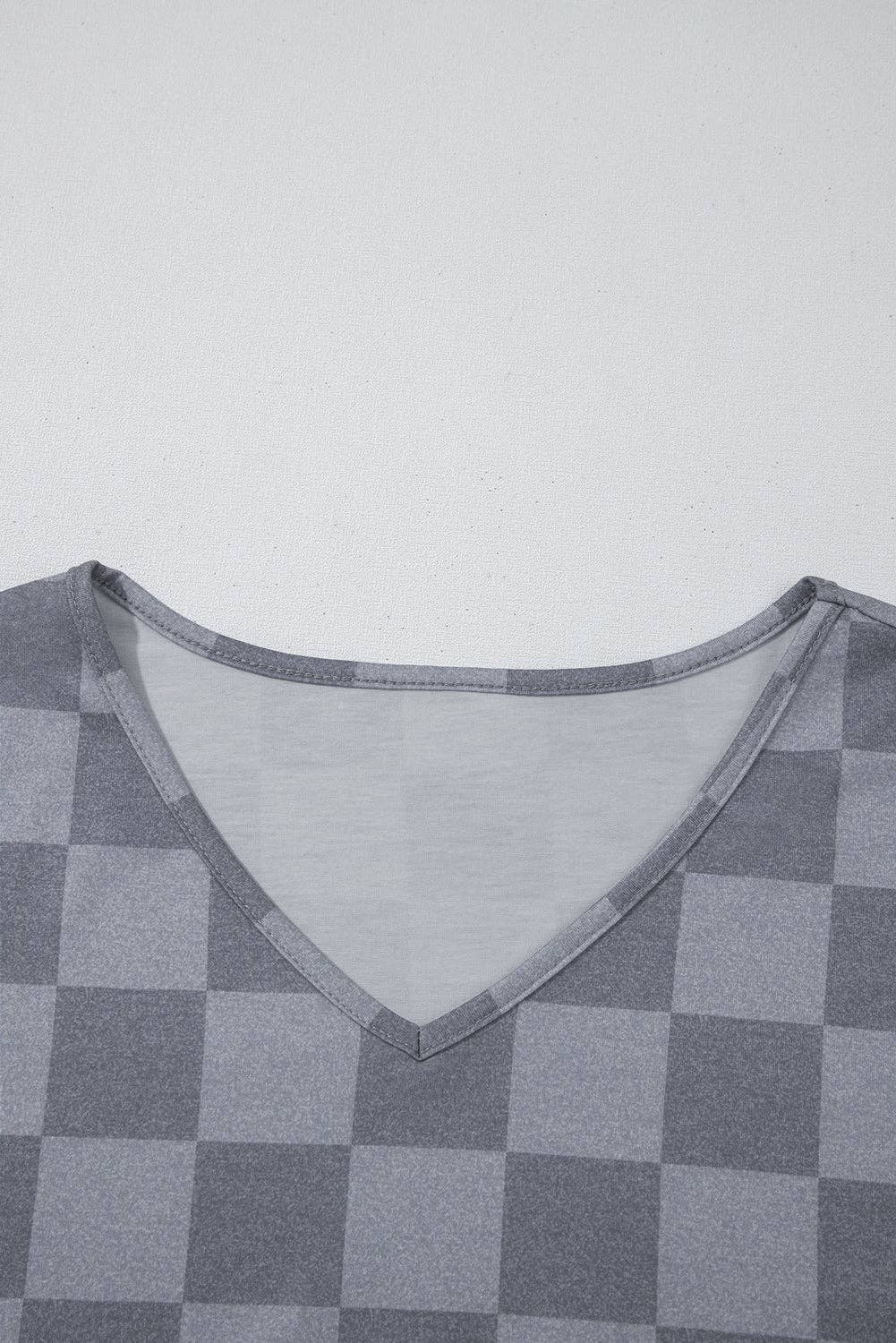 Beige Checkered Lounge Set V Neck Tee Shorts: Beige / 95%Polyester+5%Elastane / XL