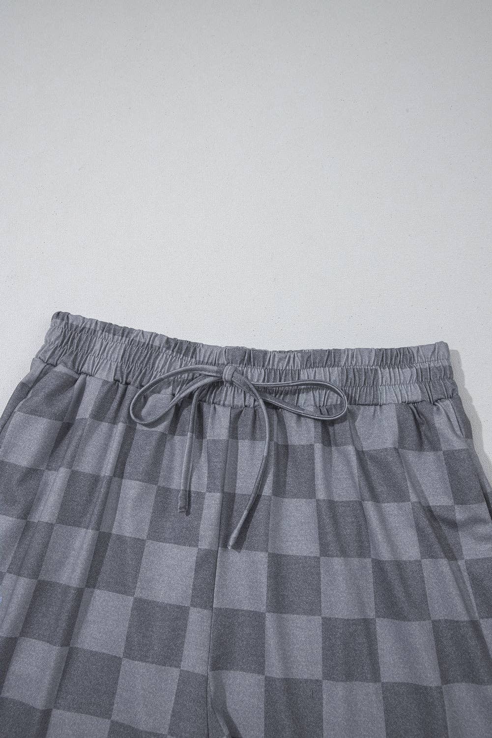 Beige Checkered Lounge Set V Neck Tee Shorts: Beige / 95%Polyester+5%Elastane / S