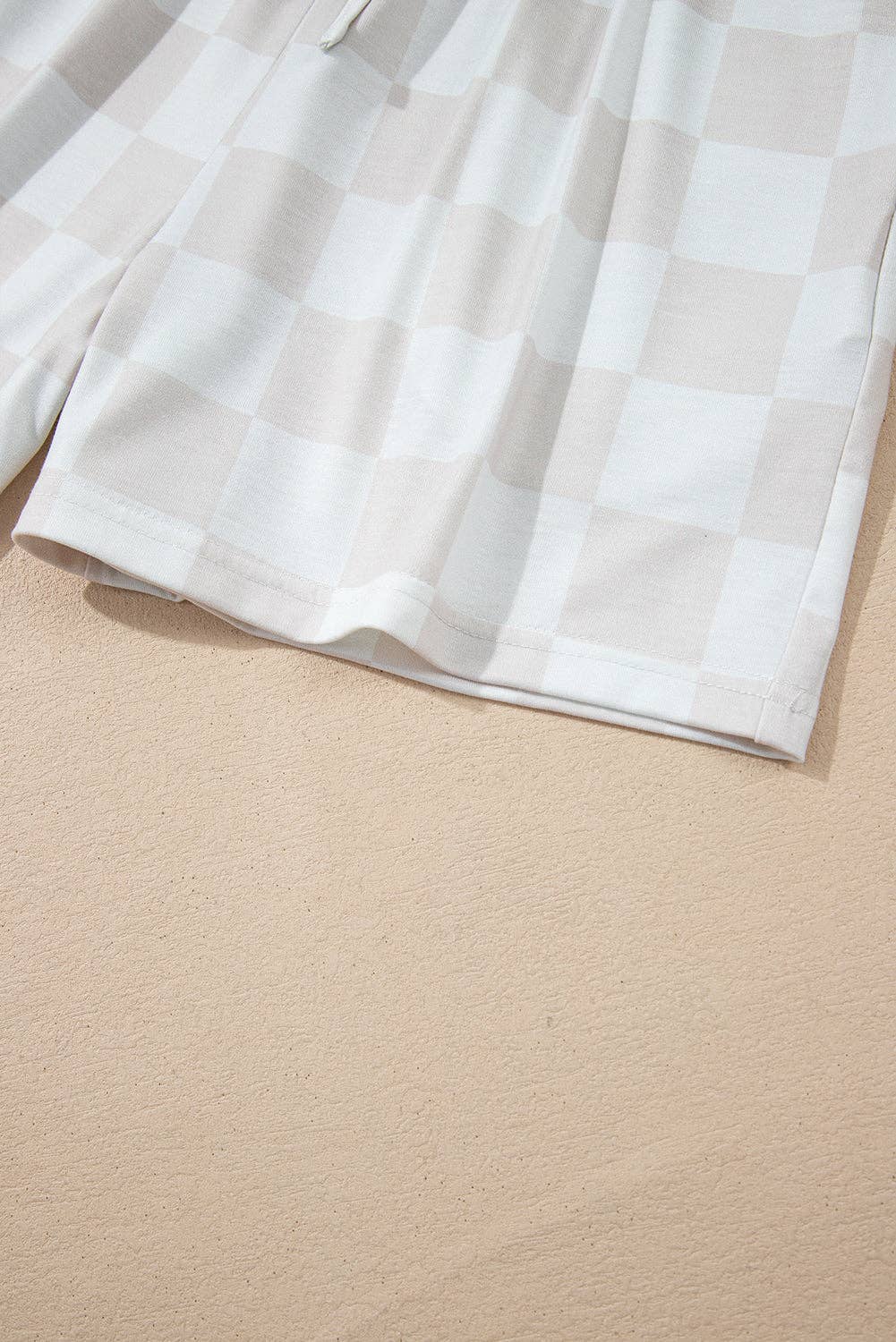 Beige Checkered Lounge Set V Neck Tee Shorts: Beige / 95%Polyester+5%Elastane / M
