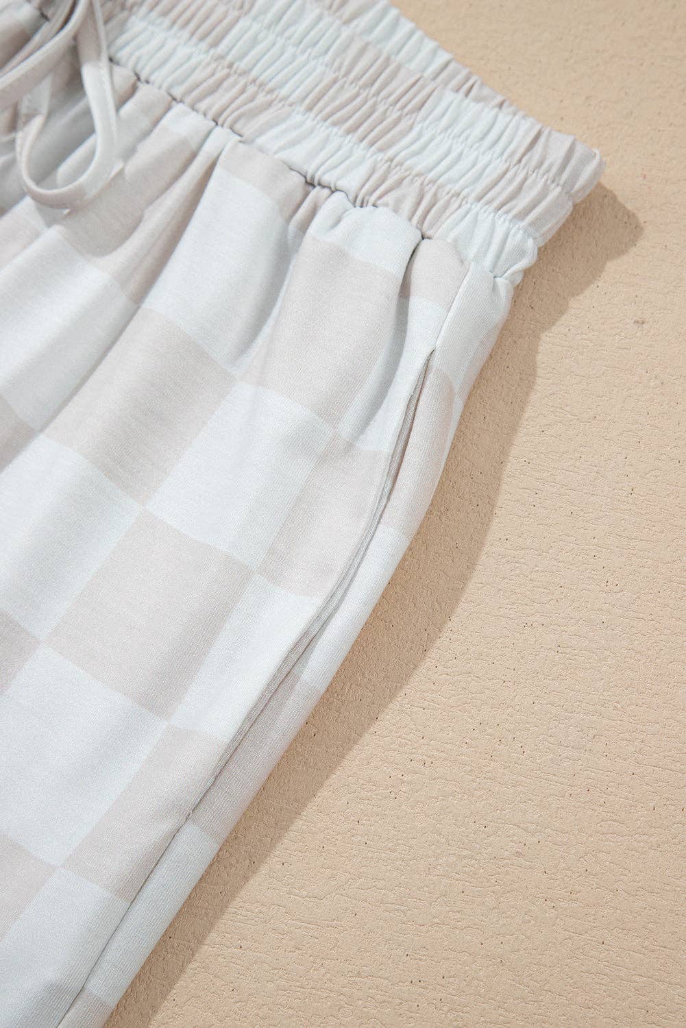 Beige Checkered Lounge Set V Neck Tee Shorts: Beige / 95%Polyester+5%Elastane / XL