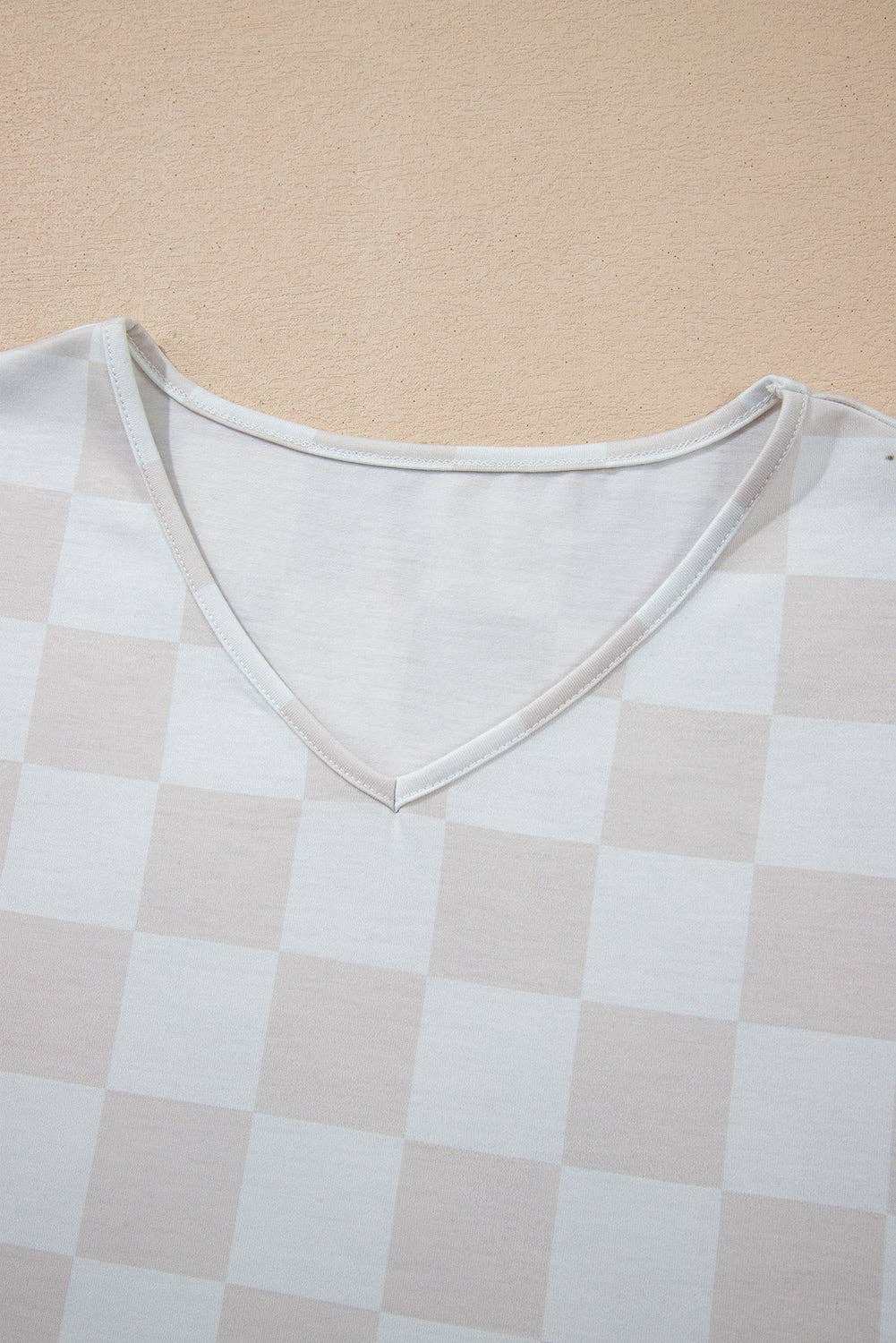 Beige Checkered Lounge Set V Neck Tee Shorts: Beige / 95%Polyester+5%Elastane / L