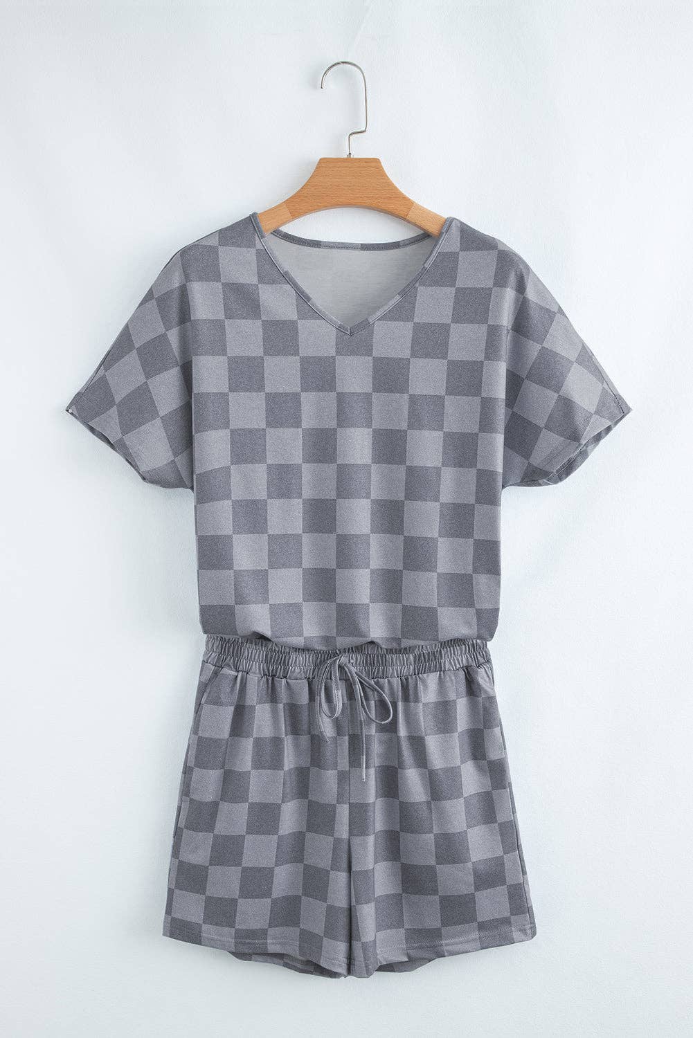Beige Checkered Lounge Set V Neck Tee Shorts: Beige / 95%Polyester+5%Elastane / XL