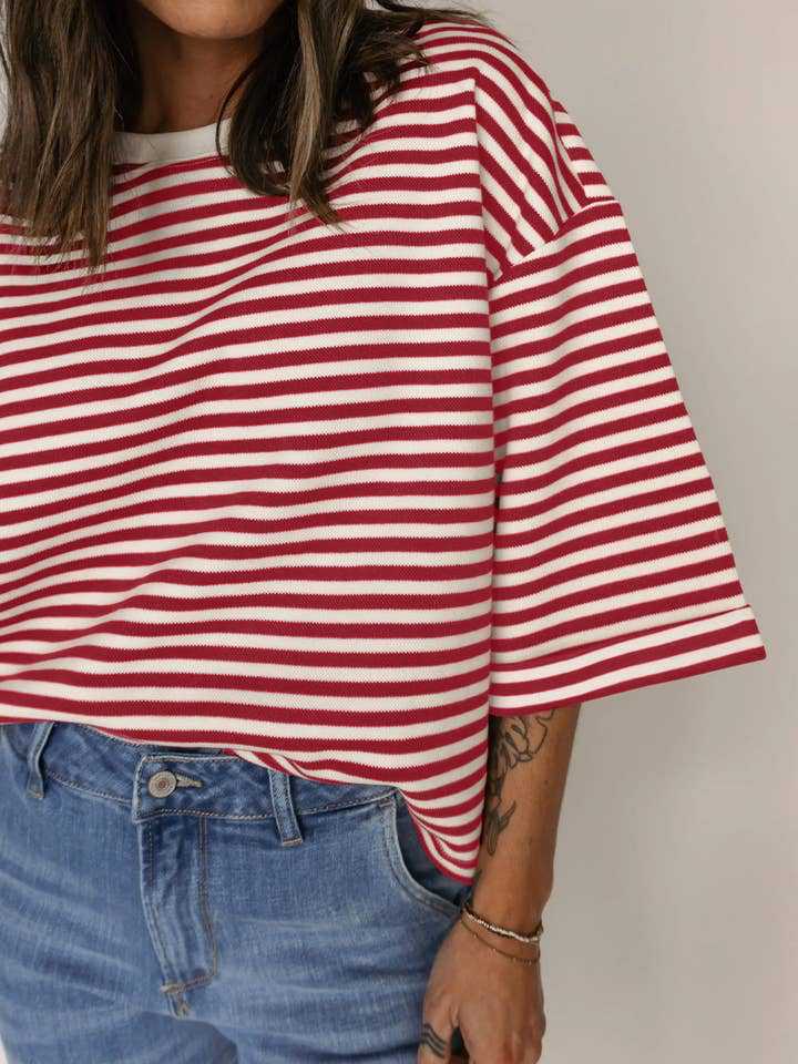 Pink Striped Knit Crew Neck Top with Back Bow Tie Detail: Pink Stripe / 65%Viscose+35%Polyester / S