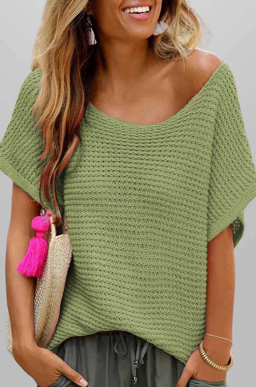 Loose Knit Short Sleeve Solid Color Summer Top: Apricot / 100%viscose / S
