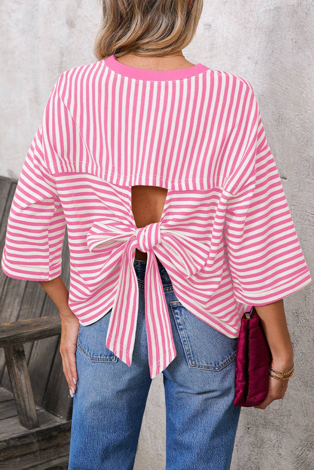 Pink Striped Knit Crew Neck Top with Back Bow Tie Detail: Pink Stripe / 65%Viscose+35%Polyester / M