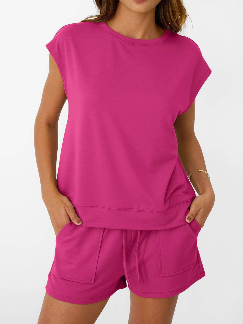 Round-neck Short-sleeved Top and Short Two-piece Casual Set: Pink