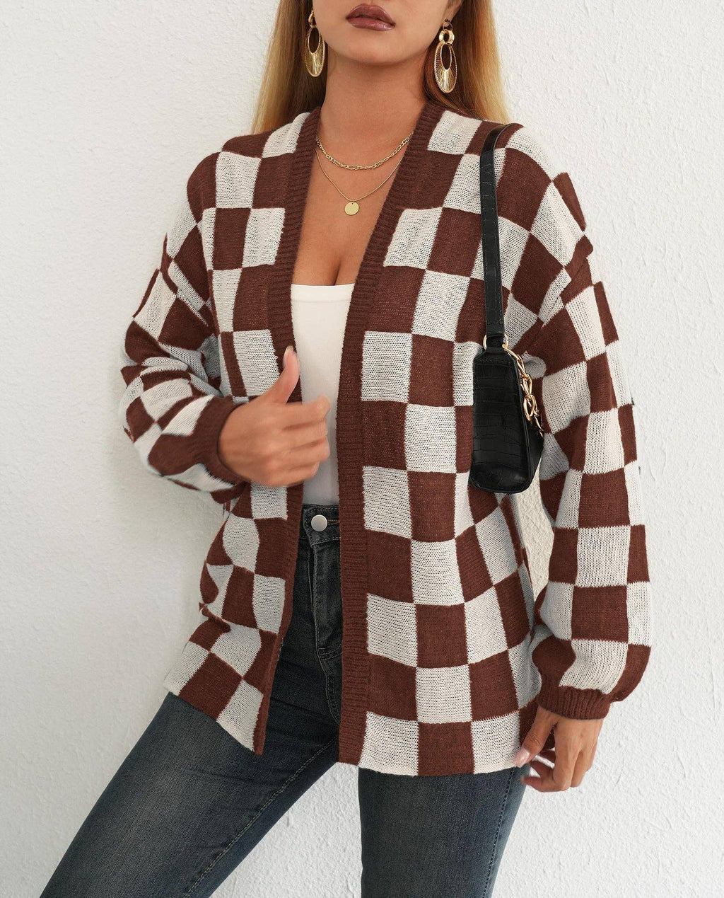Plaid Colorblock Open Cardigan Sweater | Cozy Casual Layer: Black / XL
