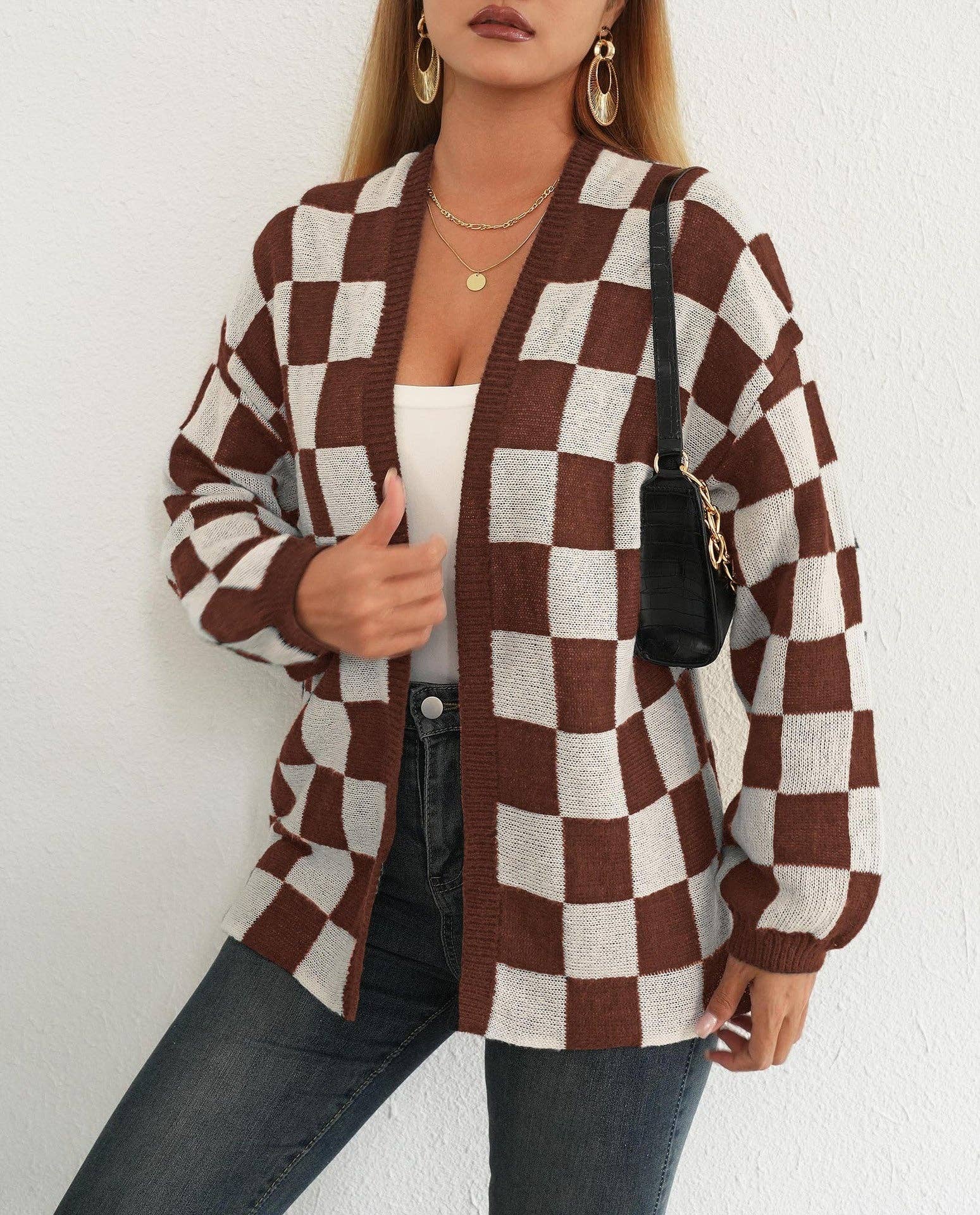 Plaid Colorblock Open Cardigan Sweater | Cozy Casual Layer: Black / XL