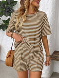 Knitted Striped Fashionable Casual Shorts Set: Brown / M