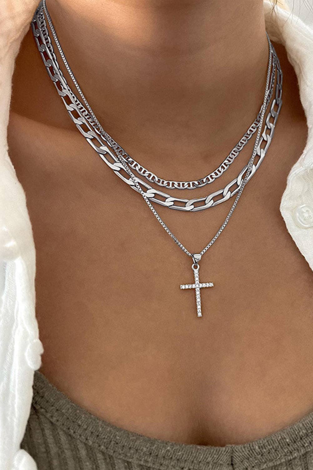 Gold Layered Chain Cross Pendant Necklace Set: Gold / 100%Alloy / ONE SIZE