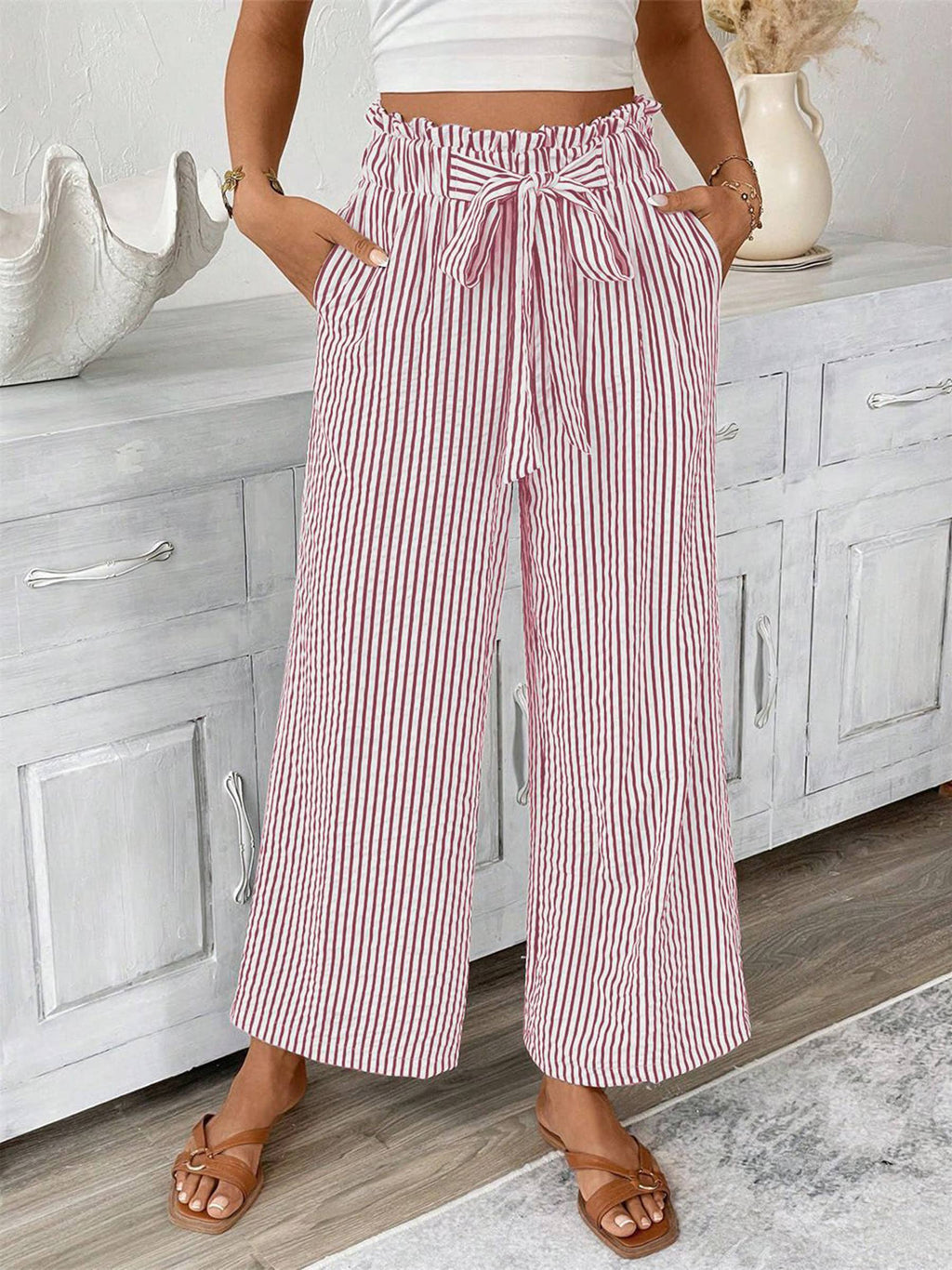 Striped Casual Elegant Straight Leg Pants: Black / XL