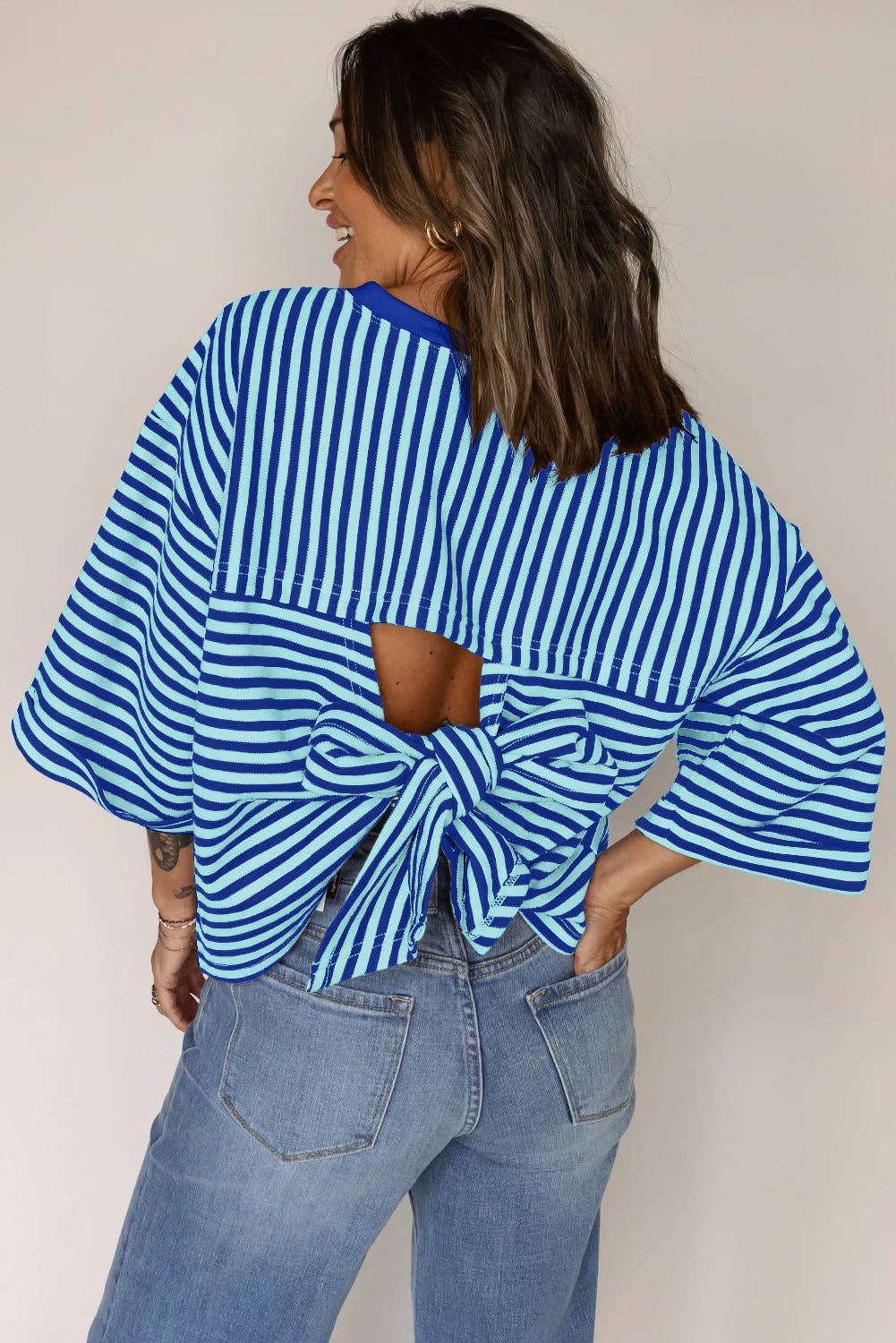 Pink Striped Knit Crew Neck Top with Back Bow Tie Detail: Pink Stripe / 65%Viscose+35%Polyester / XL