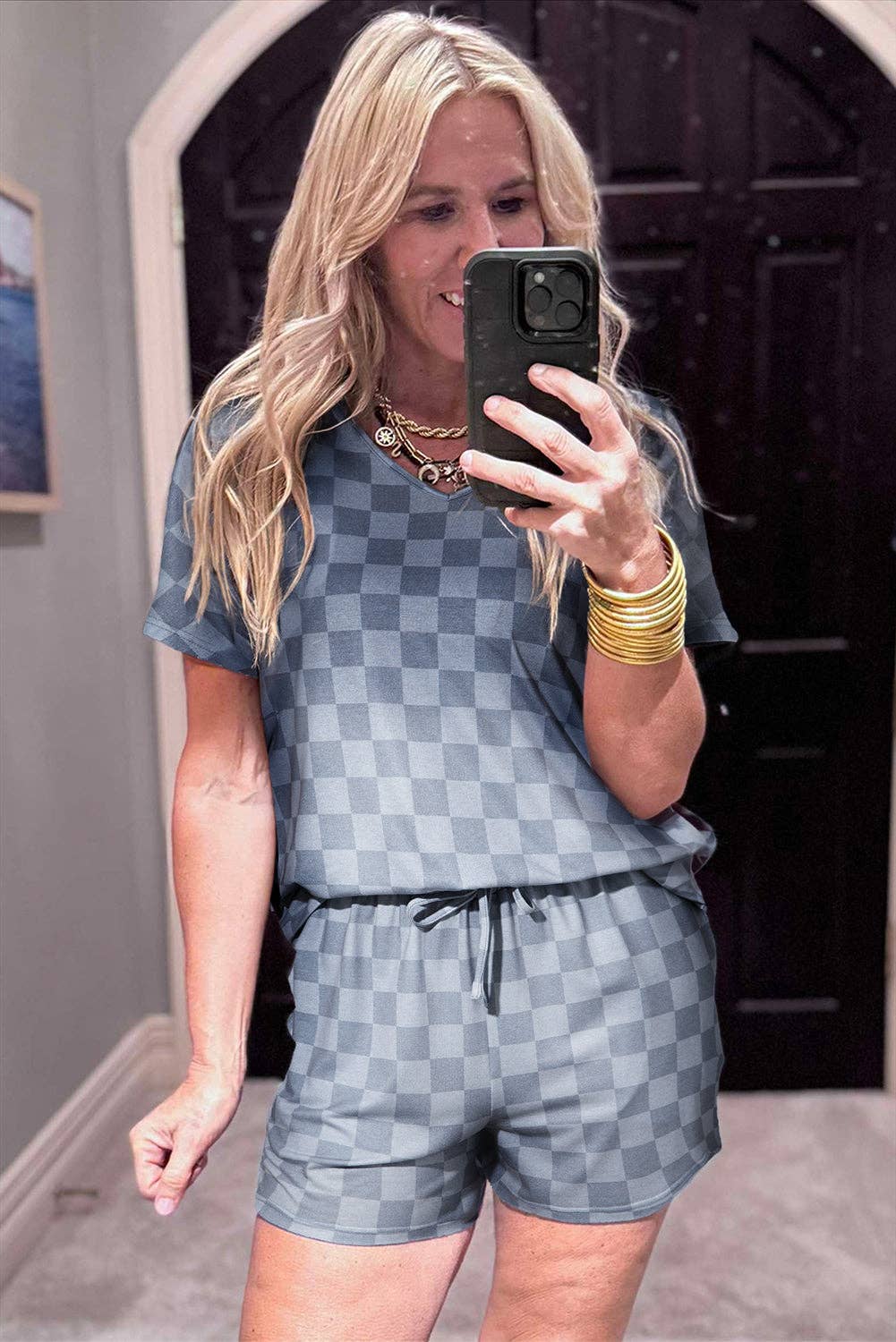 Beige Checkered Lounge Set V Neck Tee Shorts: Beige / 95%Polyester+5%Elastane / XL