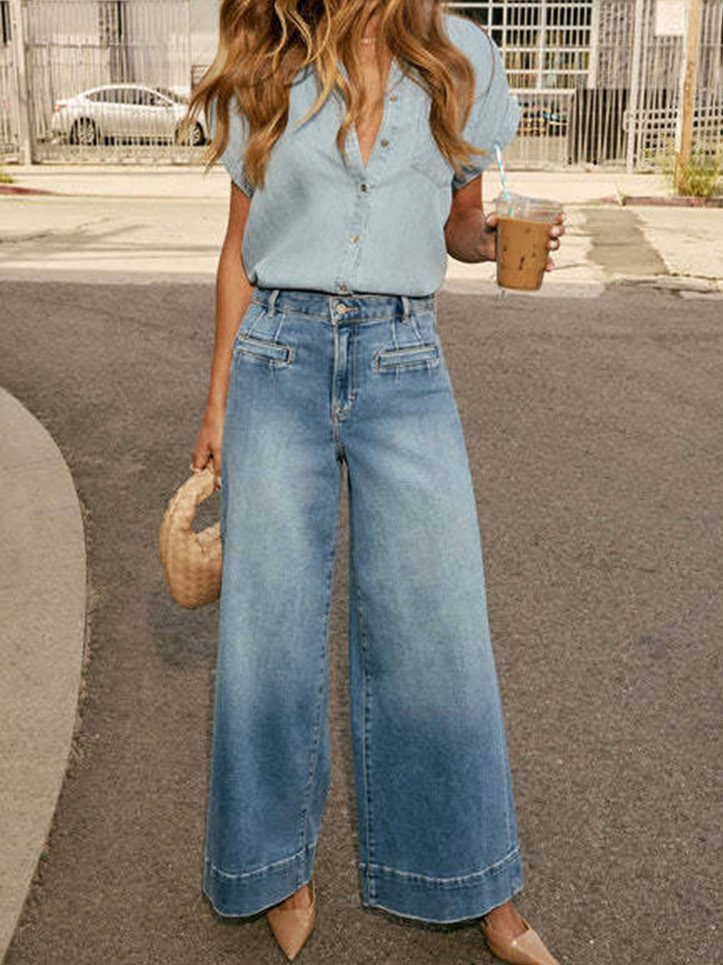 High Waisted Wide Leg Long Pants: Blue / M