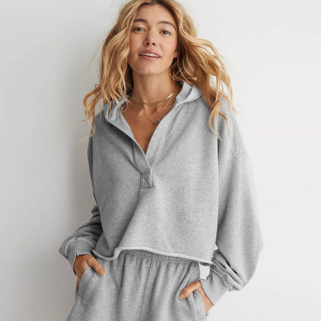 V-Neck Hooded Pullover Sweater Loose Fit Long Sleeve Top: Rose red / L