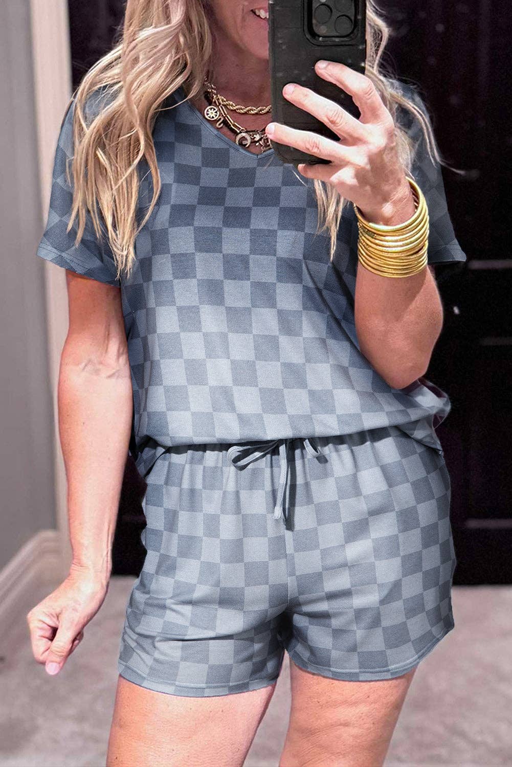Beige Checkered Lounge Set V Neck Tee Shorts: Beige / 95%Polyester+5%Elastane / XL