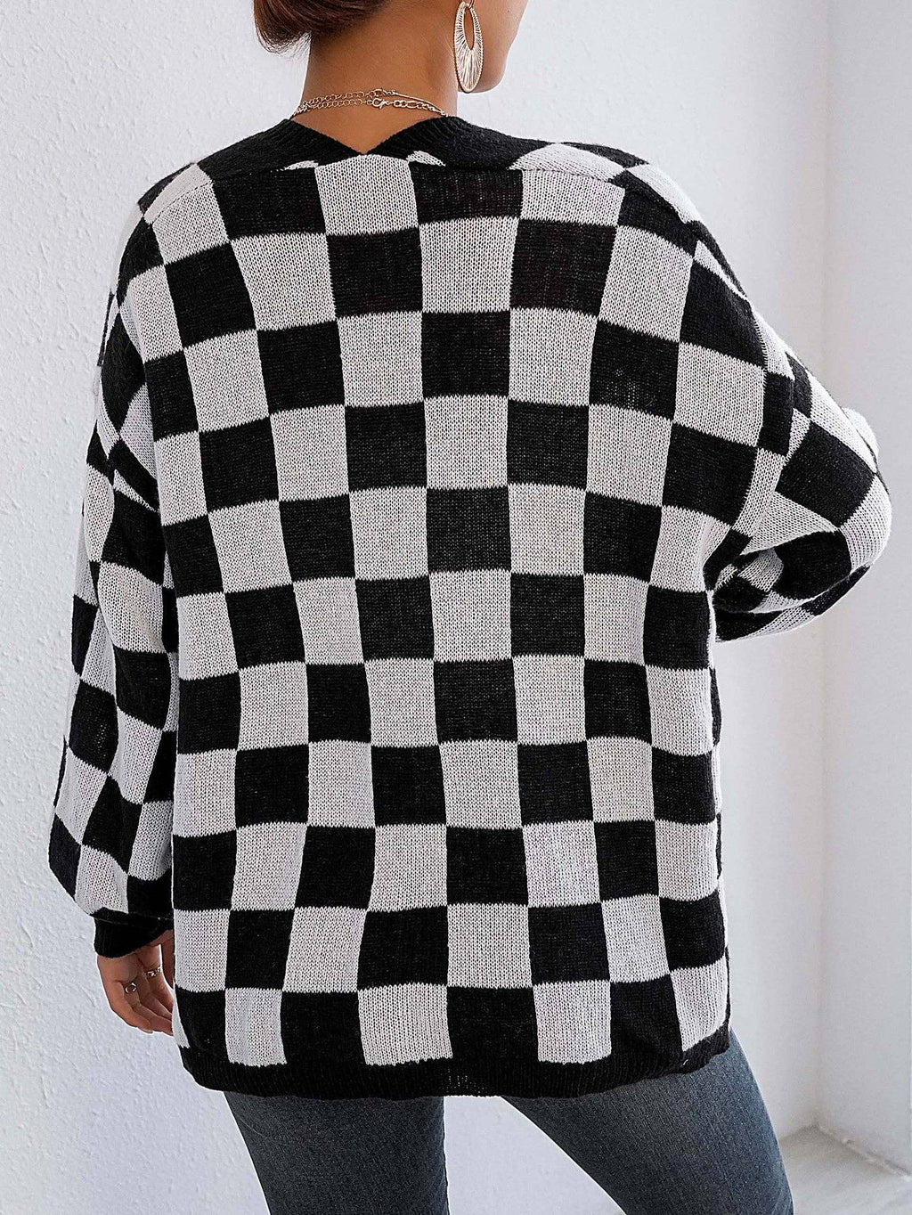 Plaid Colorblock Open Cardigan Sweater | Cozy Casual Layer: Black / XL