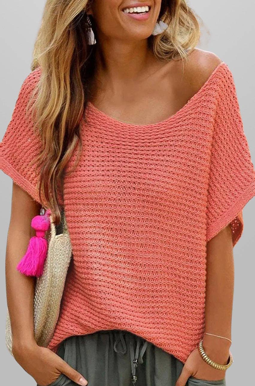 Loose Knit Short Sleeve Solid Color Summer Top: Apricot / 100%viscose / L