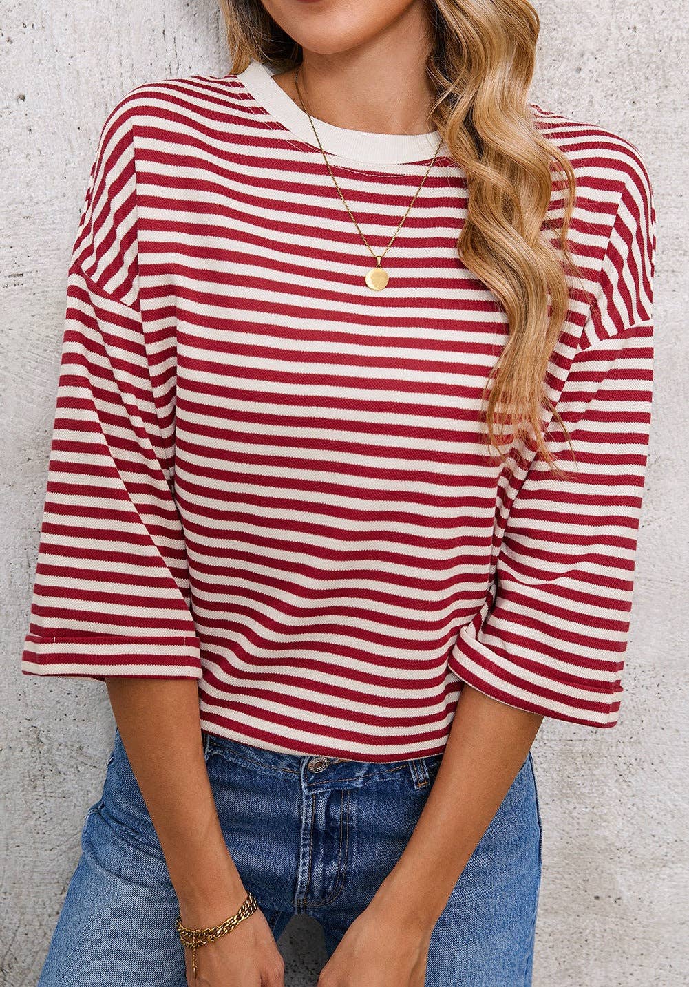 Pink Striped Knit Crew Neck Top with Back Bow Tie Detail: Pink Stripe / 65%Viscose+35%Polyester / L