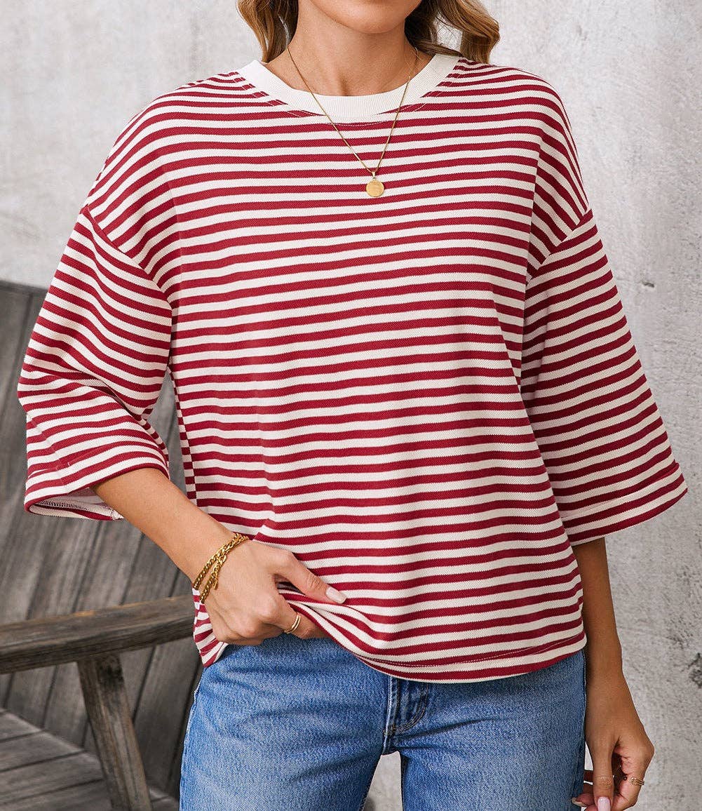 Pink Striped Knit Crew Neck Top with Back Bow Tie Detail: Pink Stripe / 65%Viscose+35%Polyester / XL