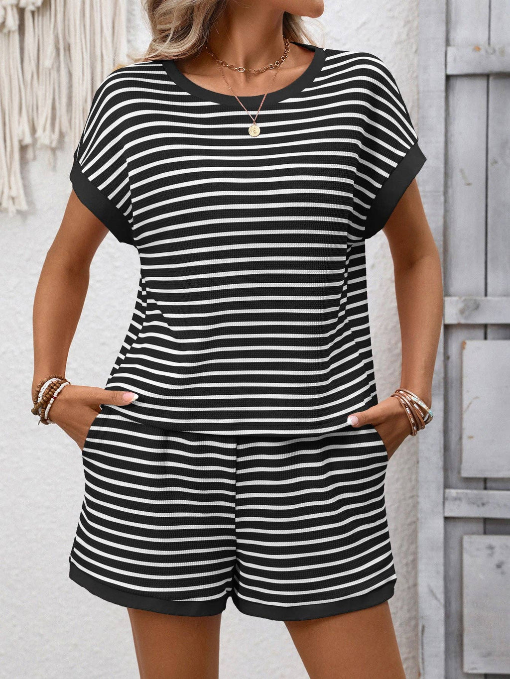Striped Knit Lounge Set Short Sleeve Top and Shorts: Khaki / 65%Viscose + 35%POLYESTER / L