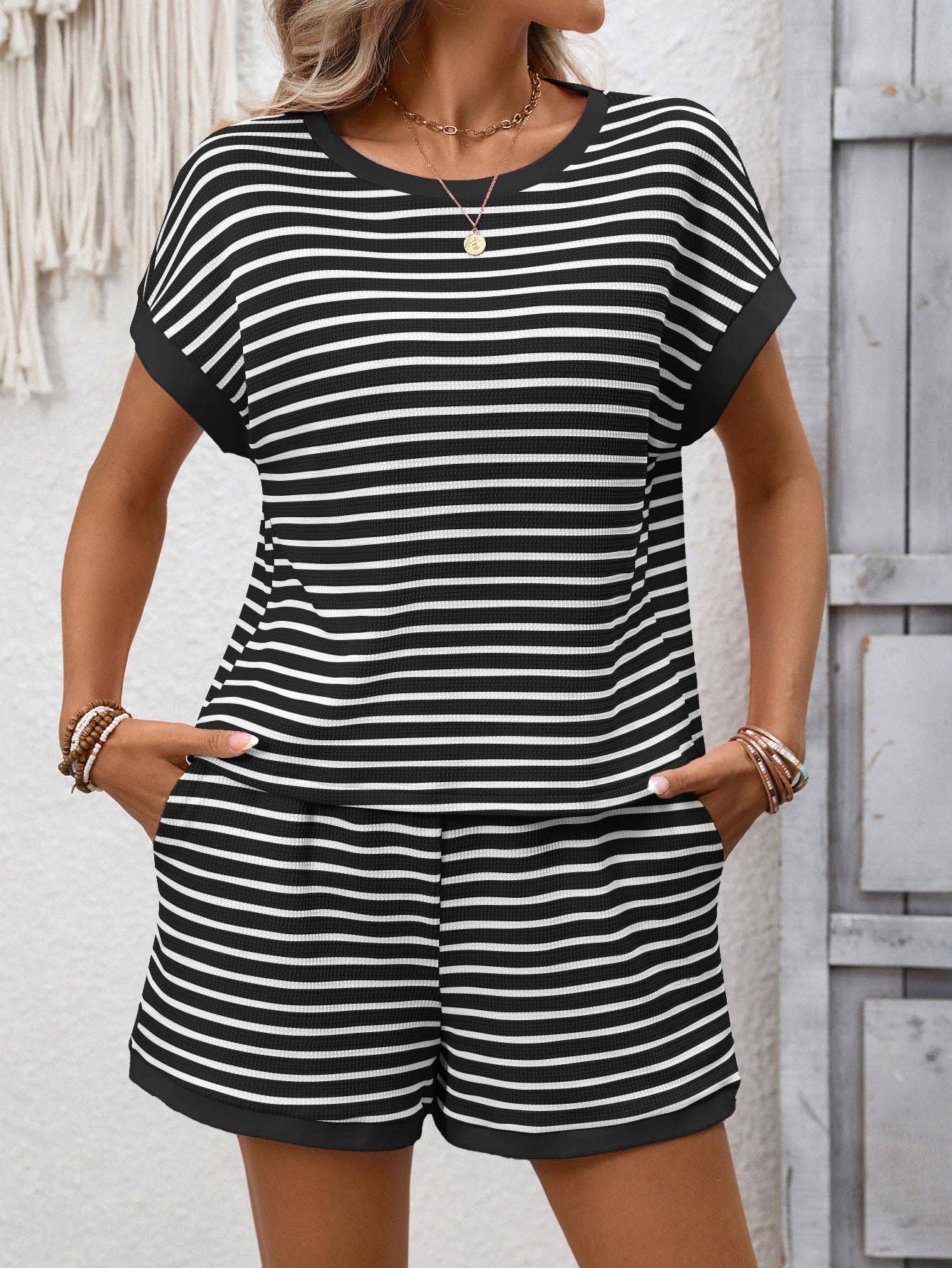 Striped Knit Lounge Set Short Sleeve Top and Shorts: Khaki / 65%Viscose + 35%POLYESTER / L