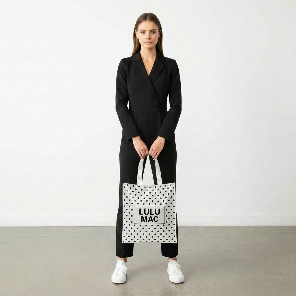 LM-BG-1004 REUSABLE TOTE-WHITE BLACK DOTS