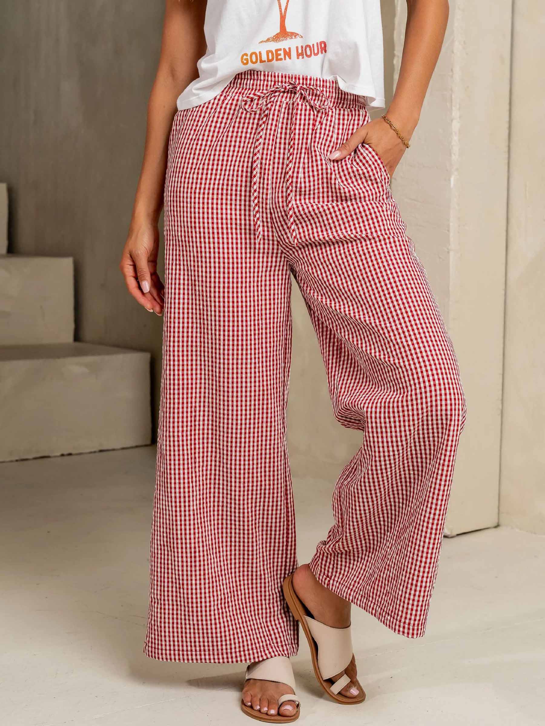 Casual Loose Checkered Straight Leg Pants: Black / L