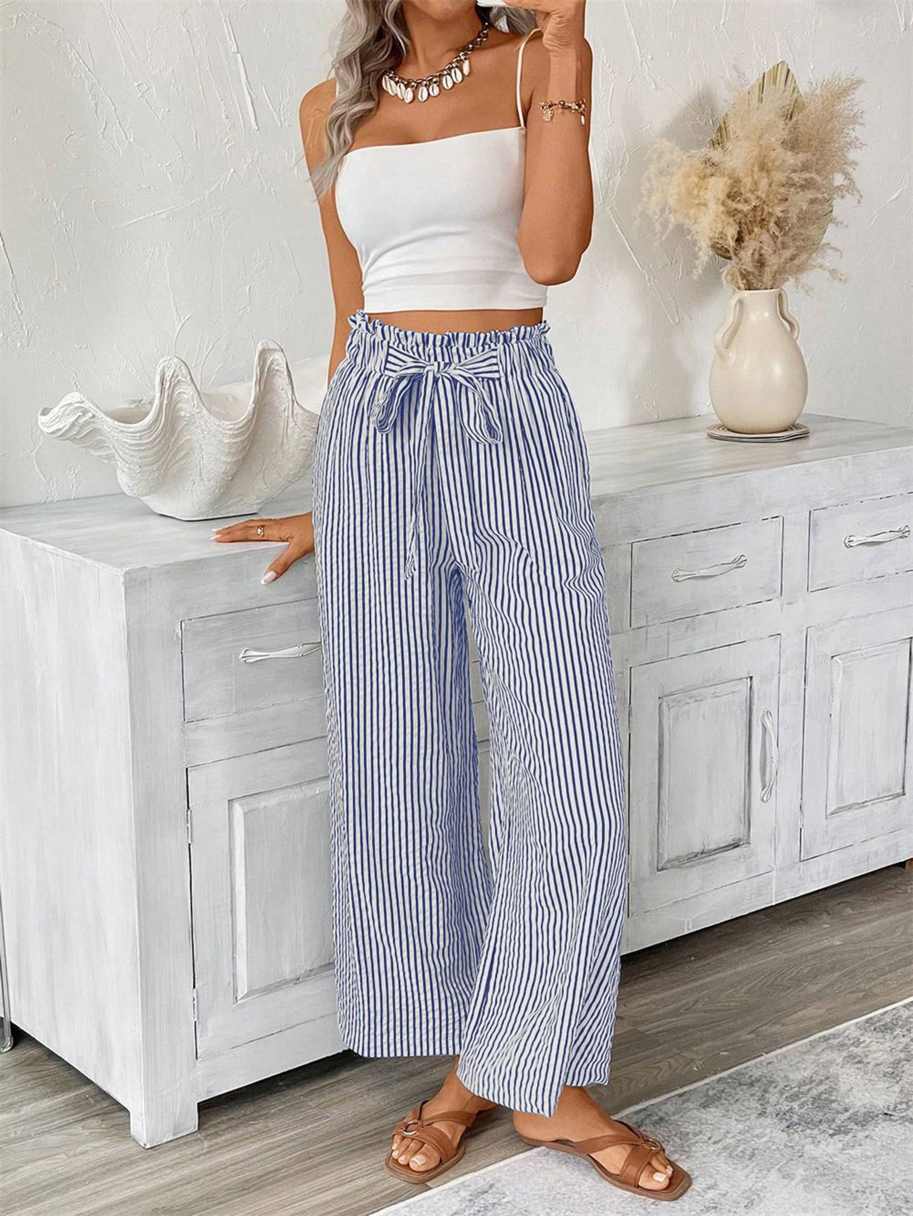 Striped Casual Elegant Straight Leg Pants: Black / XL