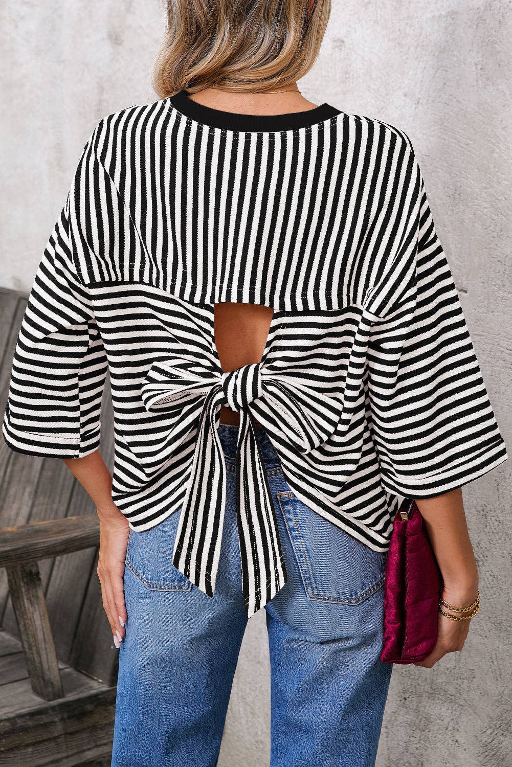 Pink Striped Knit Crew Neck Top with Back Bow Tie Detail: Pink Stripe / 65%Viscose+35%Polyester / L