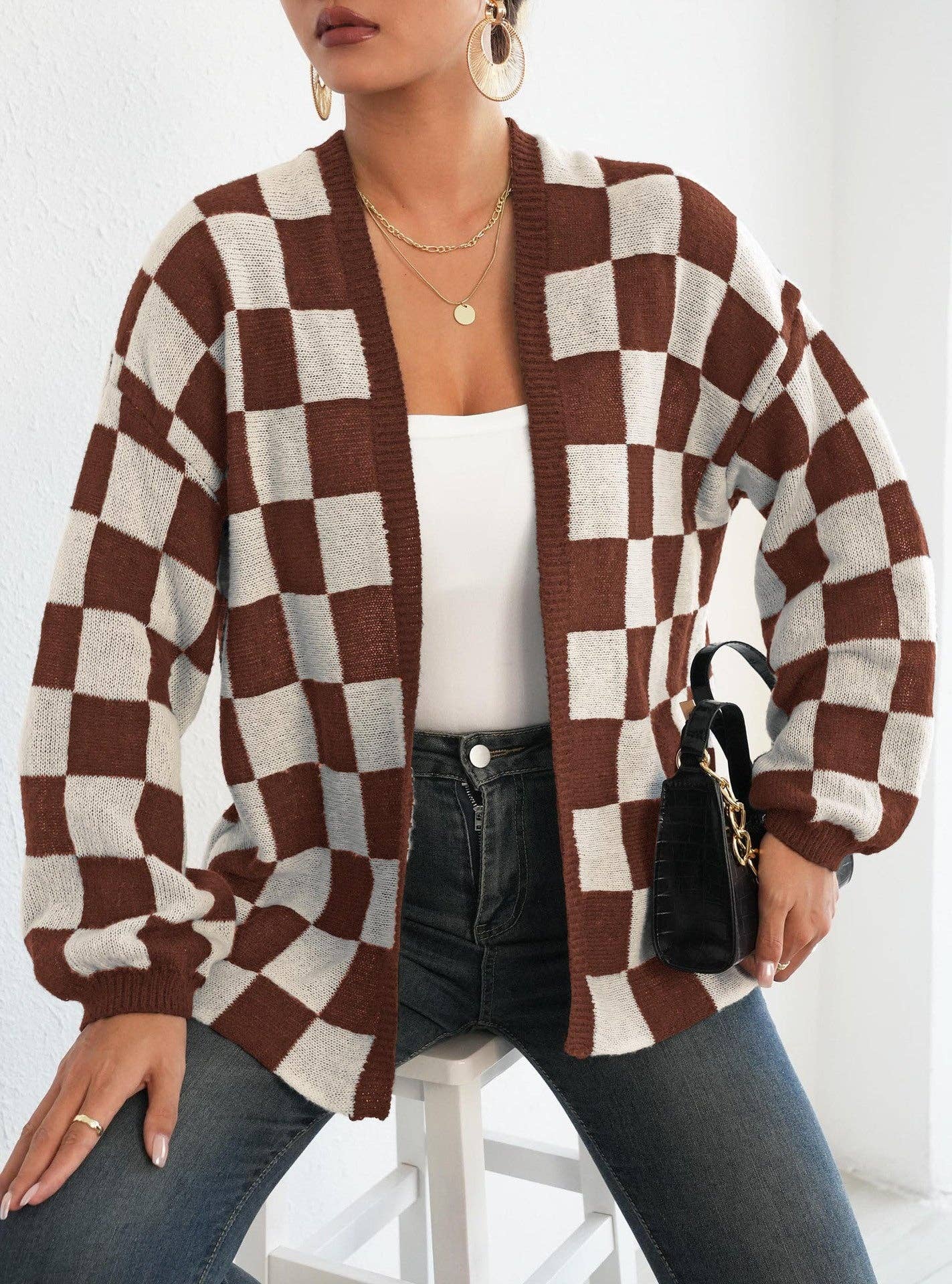Plaid Colorblock Open Cardigan Sweater | Cozy Casual Layer: Black / XL