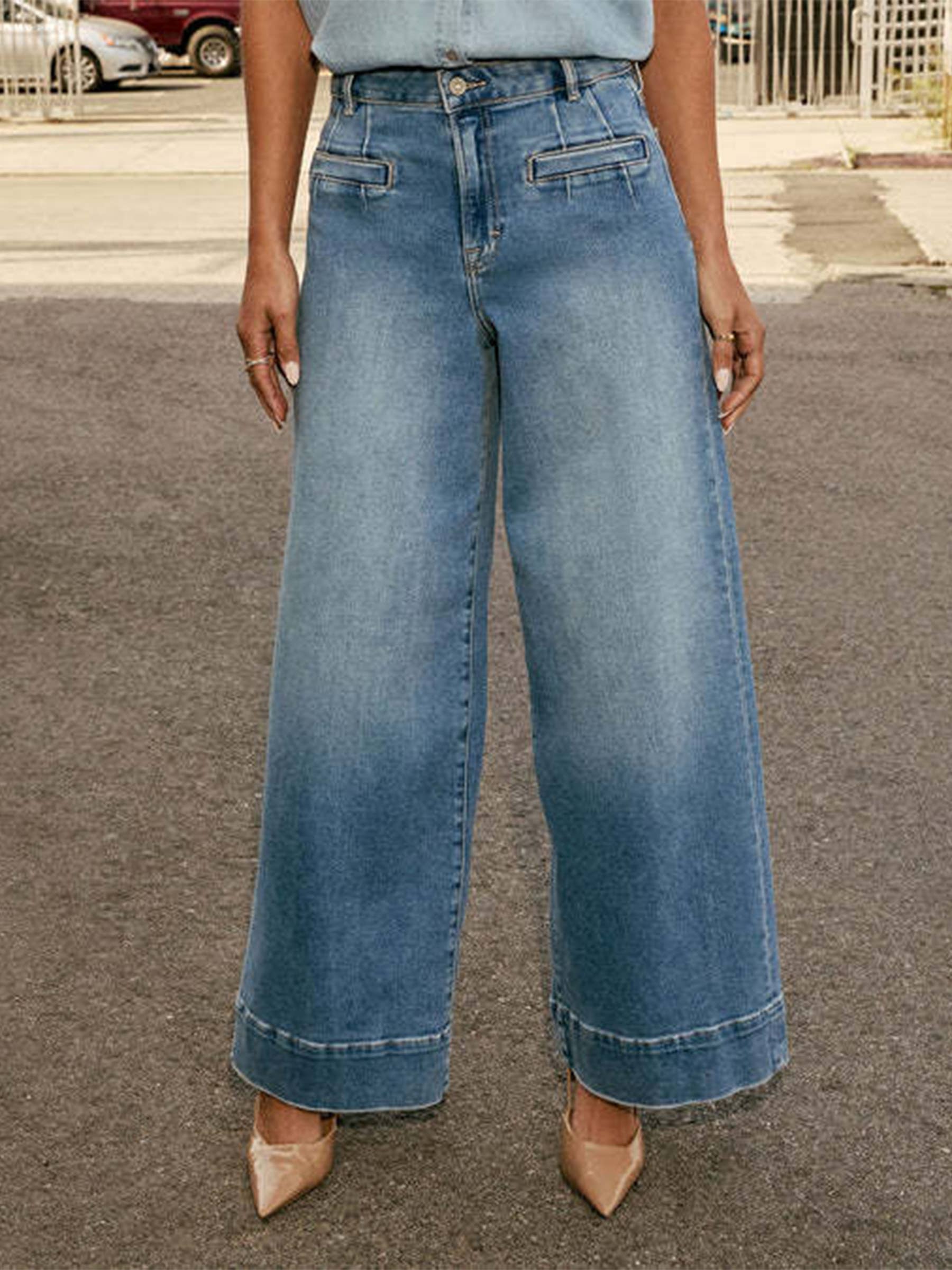 High Waisted Wide Leg Long Pants: Blue / M