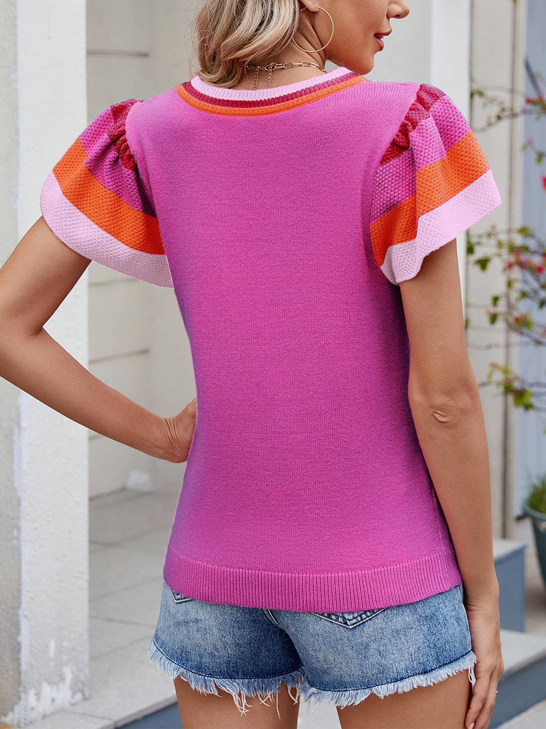 Round Neck Knitted Short Sleeved Top: Pink / S