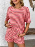 Knitted Striped Fashionable Casual Shorts Set: Pink