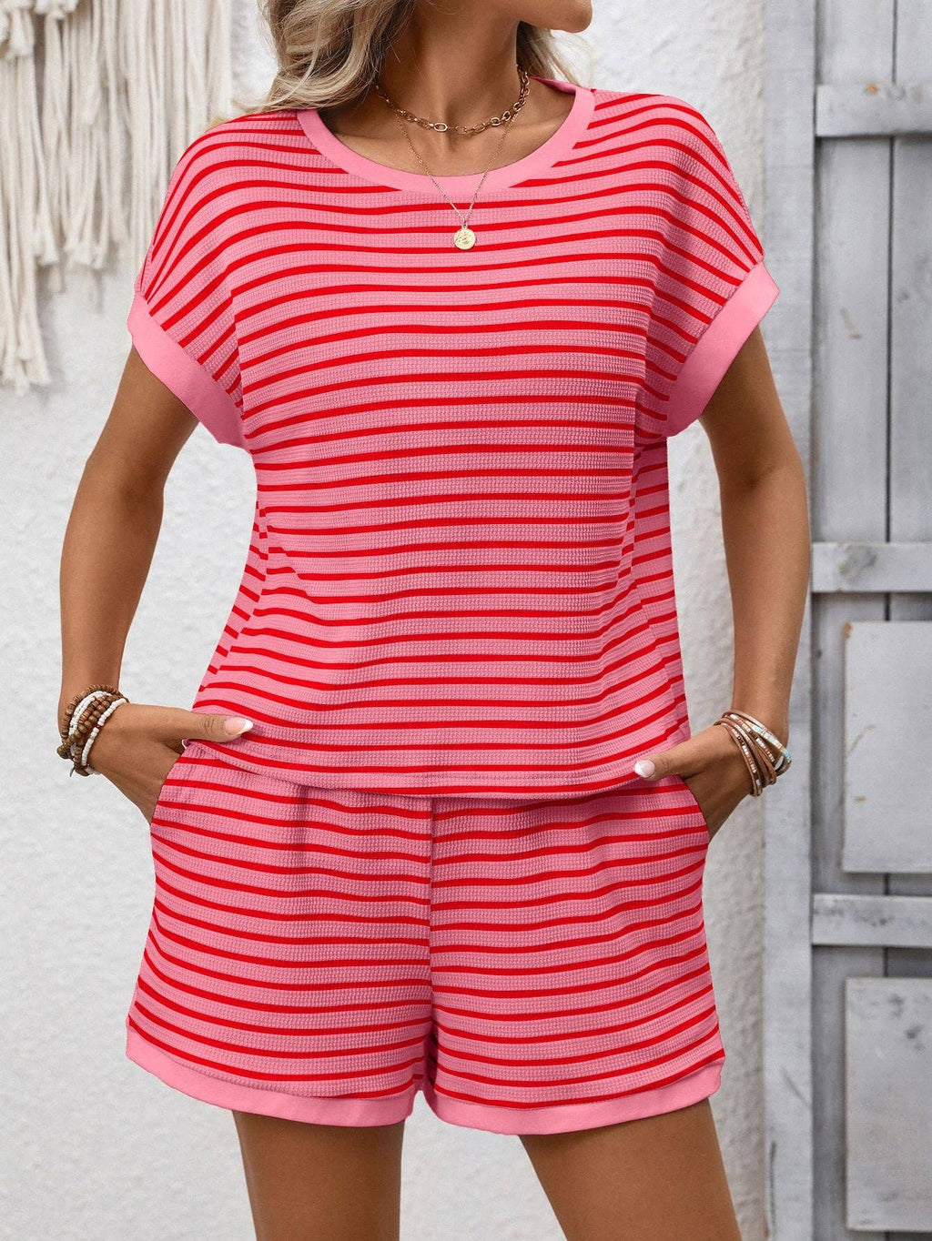 Striped Knit Lounge Set Short Sleeve Top and Shorts: Khaki / 65%Viscose + 35%POLYESTER / L